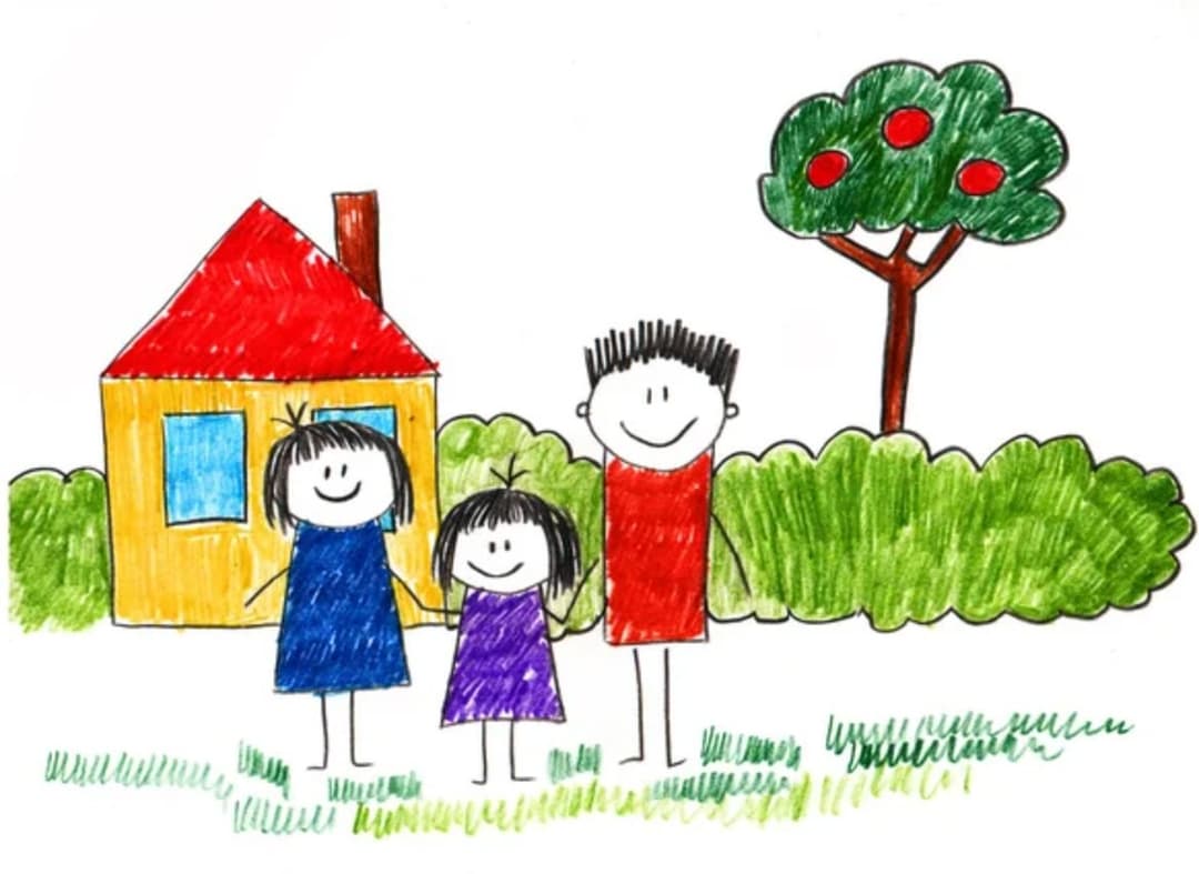 A child's drawing of a happy family standing together in front of their home